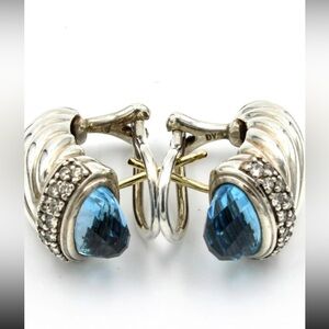 David Yurman Albion Blue Topaz Cable Earrings 925 750 Sterling Silver 18K Gold
